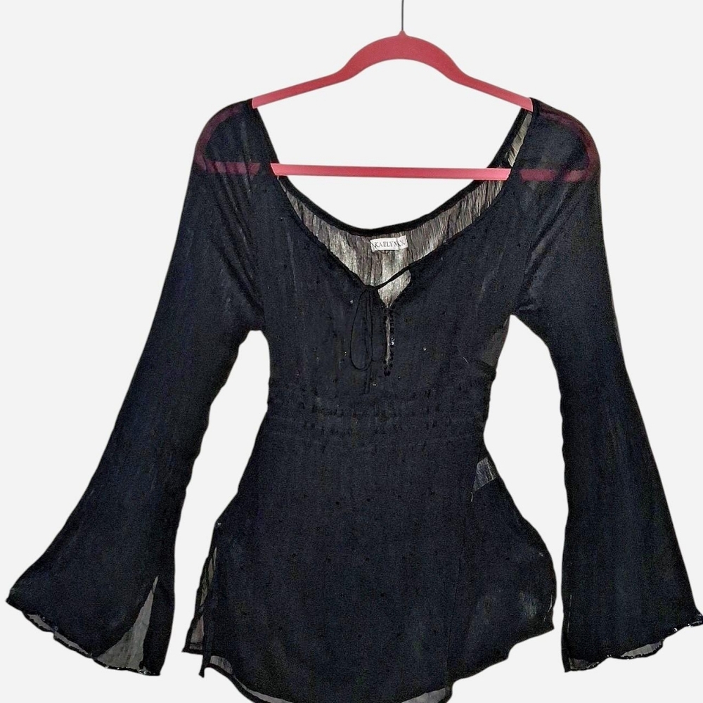 Black Sheer Bell Sleeve Top
